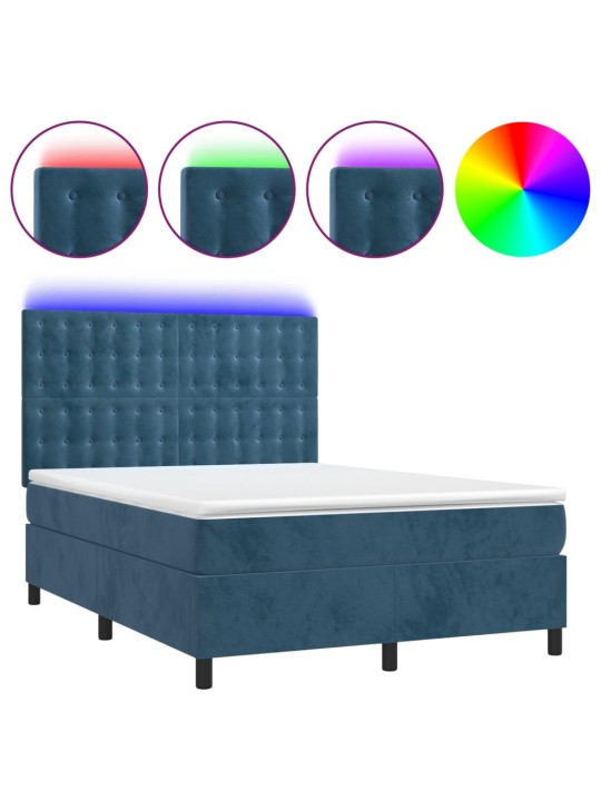 Box spring postel s matrací a led tmavě modrá 140x190 cm samet