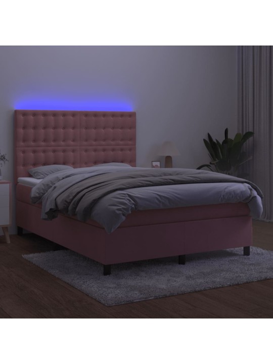 Box spring postel s matrací a led růžová 140x190 cm samet