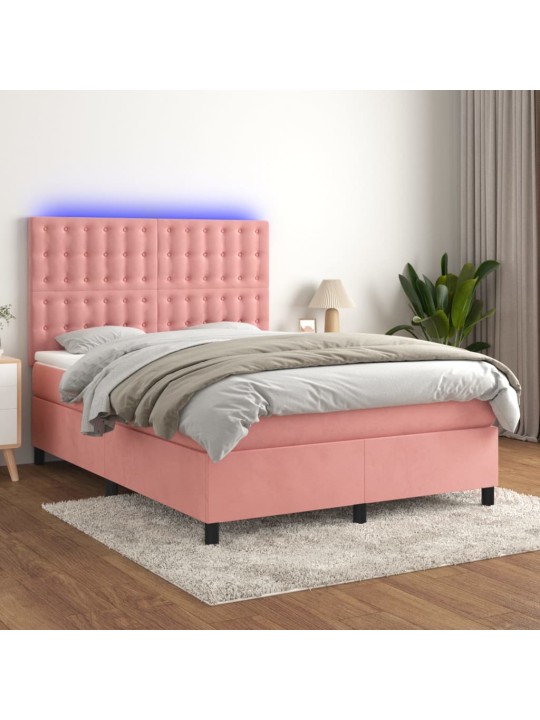 Box spring postel s matrací a led růžová 140x190 cm samet