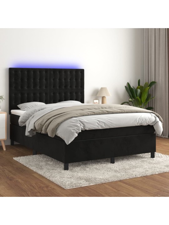 Box spring postel s matrací a led černá 140x200 cm samet