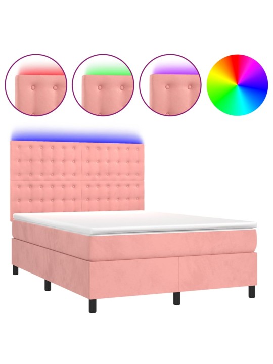 Box spring postel s matrací a led růžová 140x200 cm samet