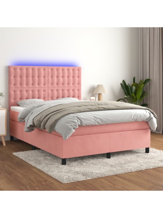 Box spring postel s matrací a led růžová 140x200 cm samet