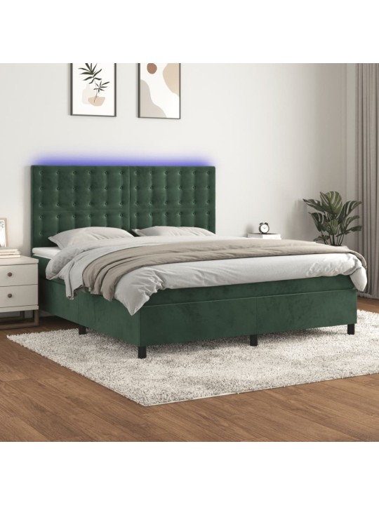 Box spring postel s matrací a led tmavě zelená 160x200 cm samet