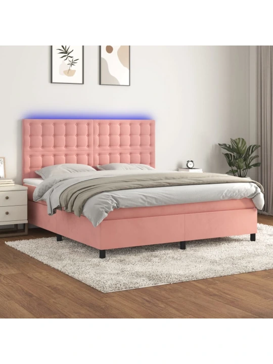 Box spring postel s matrací a LED růžová 160x200 cm samet