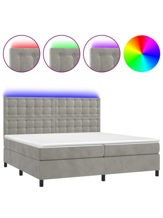 Box spring postel s matrací a LED světle šedá 200x200 cm samet
