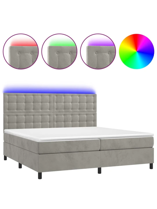 Box spring postel s matrací a LED světle šedá 200x200 cm samet