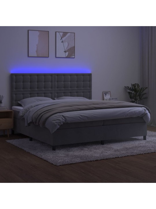 Box spring postel s matrací a LED světle šedá 200x200 cm samet