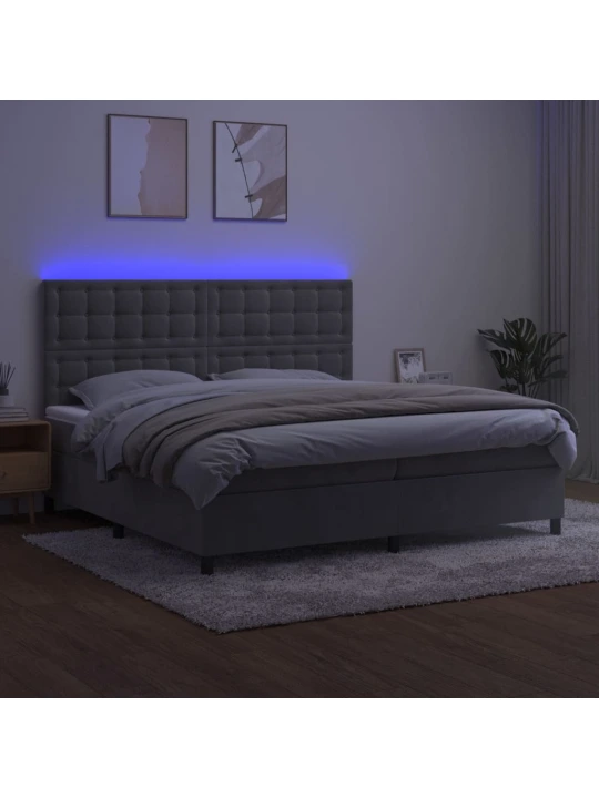 Box spring postel s matrací a LED světle šedá 200x200 cm samet