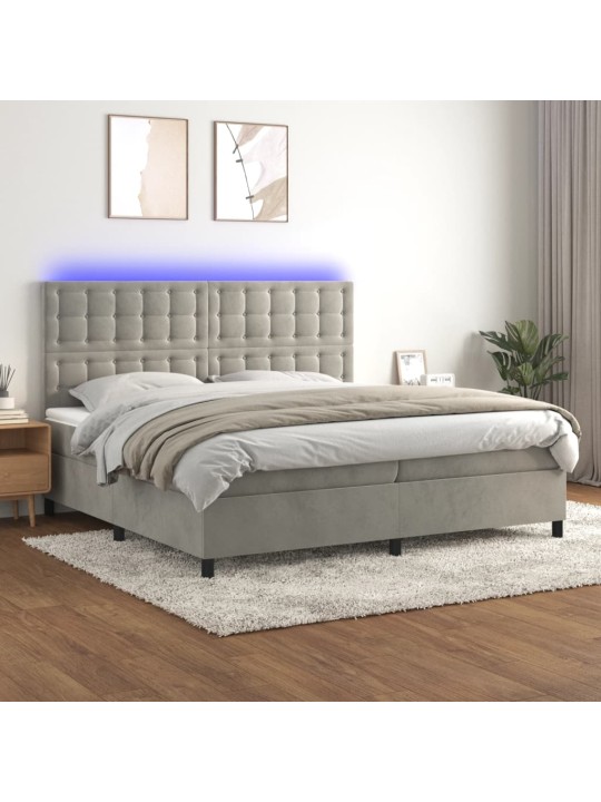 Box spring postel s matrací a LED světle šedá 200x200 cm samet