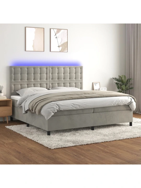 Box spring postel s matrací a LED světle šedá 200x200 cm samet