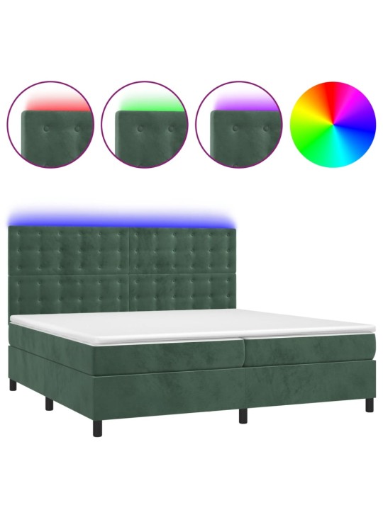 Box spring postel s matrací a led tmavě zelená 200x200 cm samet