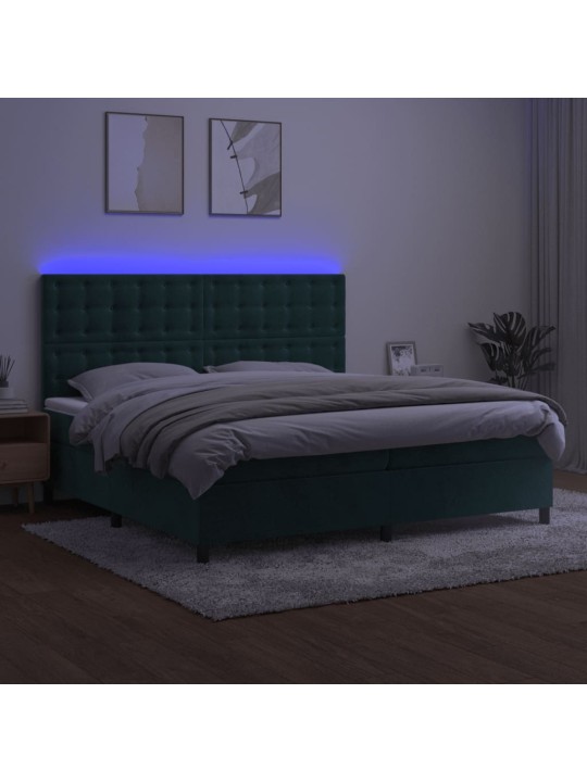 Box spring postel s matrací a led tmavě zelená 200x200 cm samet