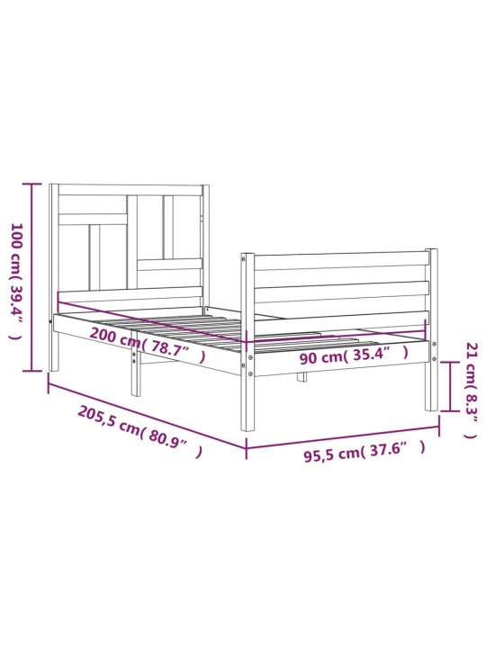 Rám postele s čelem 90 x 200 cm masivní dřevo