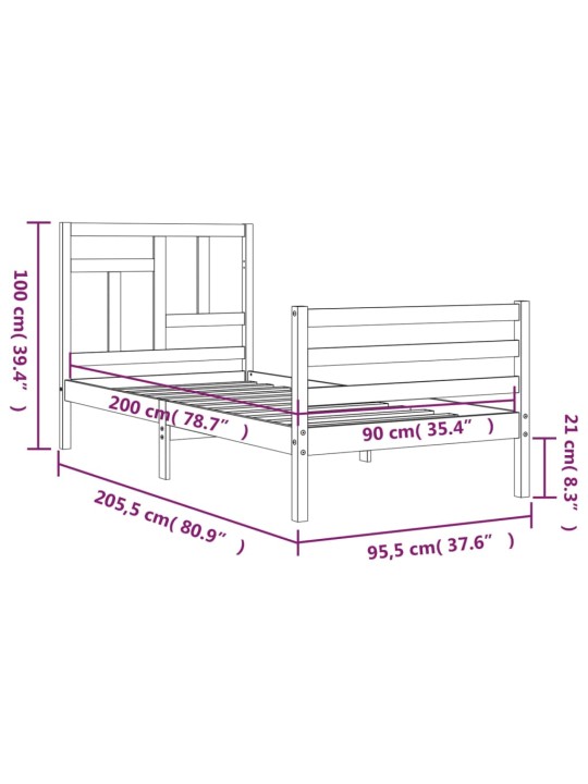 Rám postele s čelem bílý 90 x 200 cm masivní dřevo