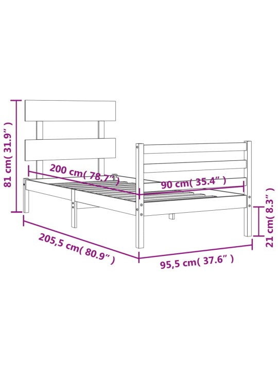Rám postele s čelem bílý 90 x 200 cm masivní dřevo