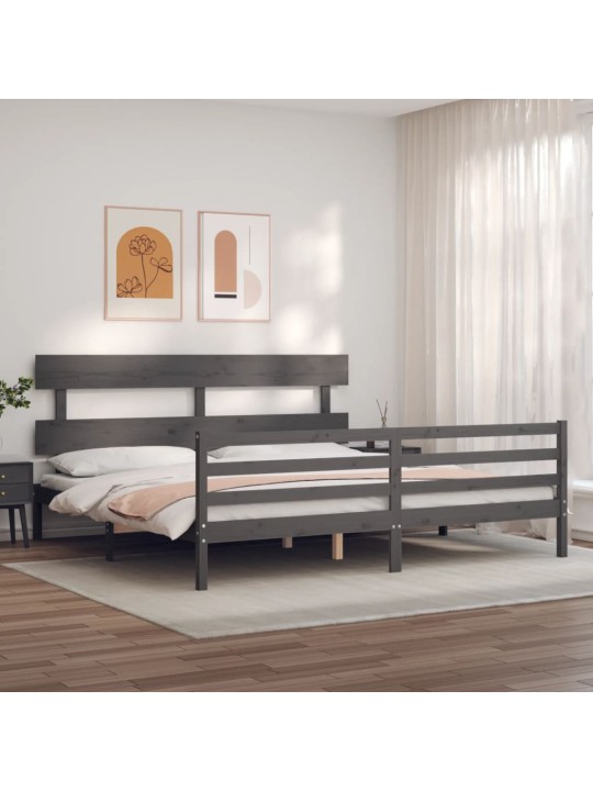 Rám postele s čelem šedý 200 x 200 cm masivní dřevo