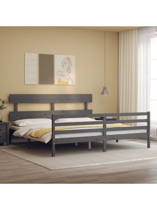 Rám postele s čelem šedý 200 x 200 cm masivní dřevo