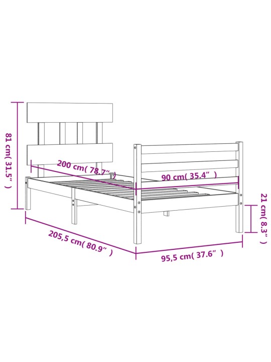 Rám postele s čelem bílý 90 x 200 cm masivní dřevo