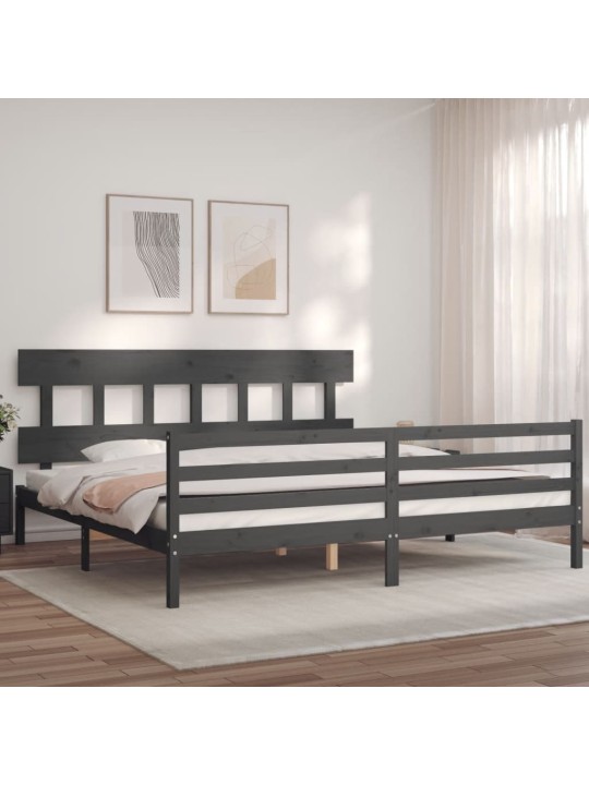 Rám postele s čelem šedý 200 x 200 cm masivní dřevo
