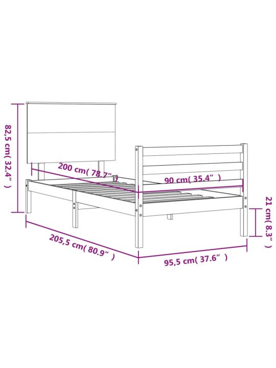 Rám postele s čelem bílý 90 x 200 cm masivní dřevo