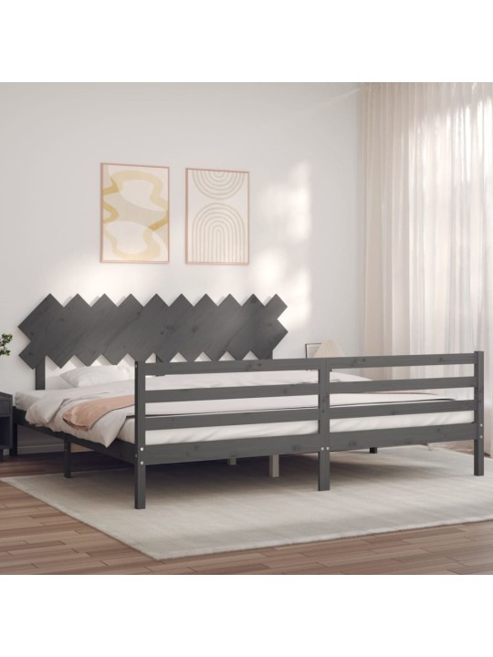 Rám postele s čelem šedý 200 x 200 cm masivní dřevo