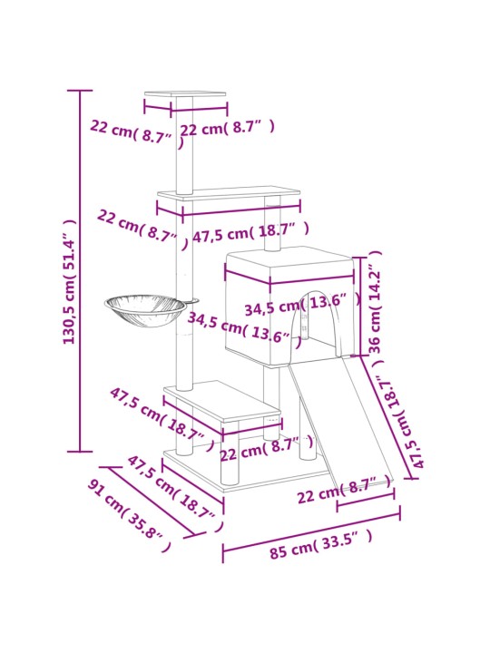 Škrabadlo pro kočky se sisalovými sloupky světle šedé 130,5 cm