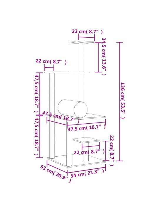 Škrabadlo pro kočky se sisalovými sloupky krémové 136 cm