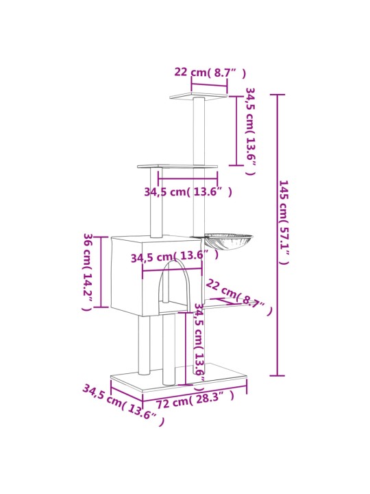 Škrabadlo pro kočky se sisalovými sloupky světle šedé 145 cm