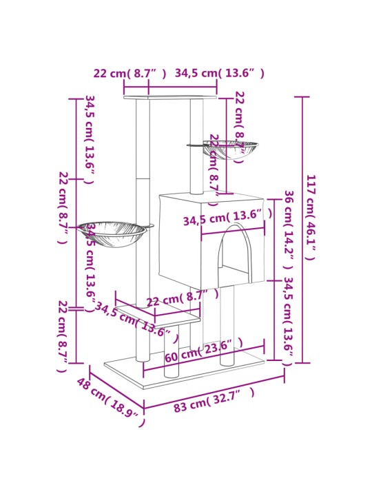 Škrabadlo pro kočky se sisalovými sloupky tmavě šedé 117 cm