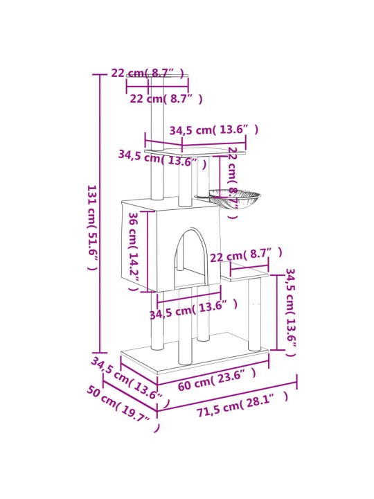 Škrabadlo pro kočky se sisalovými sloupky světle šedé 131 cm