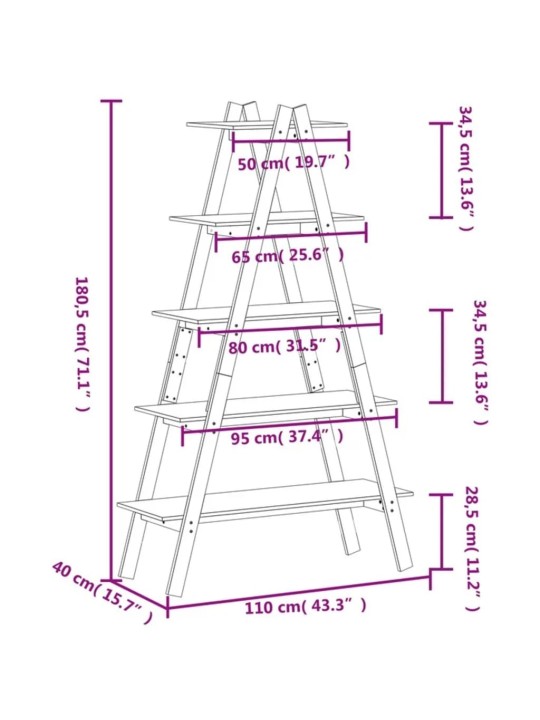 5patrový regál ve tvaru A 110x40x180,5 cm masivní borové dřevo