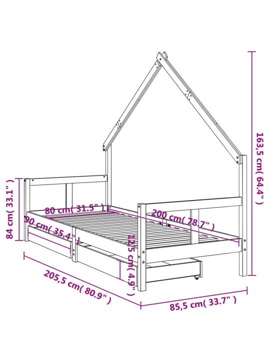 Dětská postel se zásuvkami 80 x 200 cm masivní borové dřevo