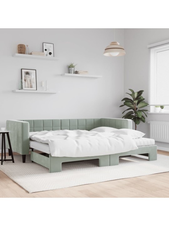 Válenda s přistýlkou a matracemi světle šedá 90 x 190 cm samet