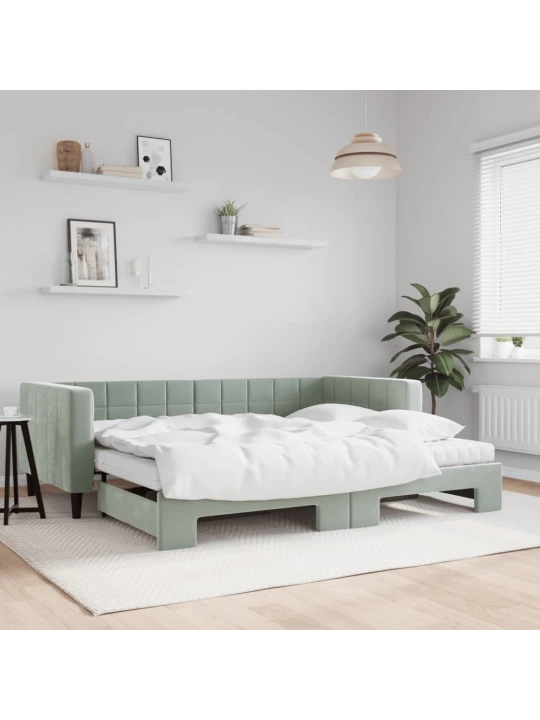 Válenda s přistýlkou a matracemi světle šedá 90 x 190 cm samet
