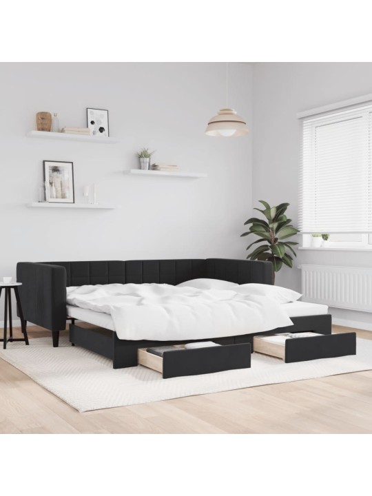 Válenda s přistýlkou a zásuvkami černá 90 x 190 cm samet