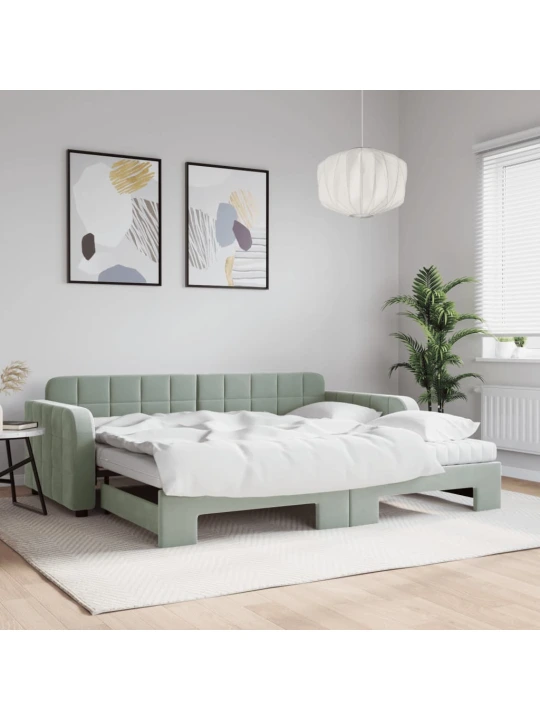 Válenda s přistýlkou a matracemi světle šedá 90 x 200 cm samet