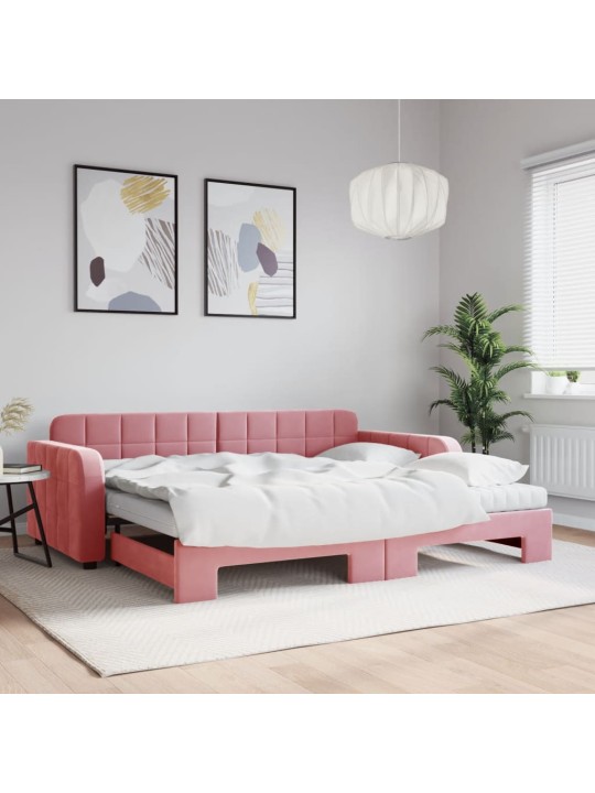 Válenda s přistýlkou a matracemi růžová 90 x 200 cm samet