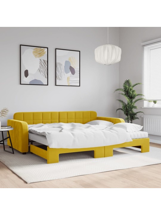Válenda s přistýlkou a matracemi žlutá 90 x 200 cm samet