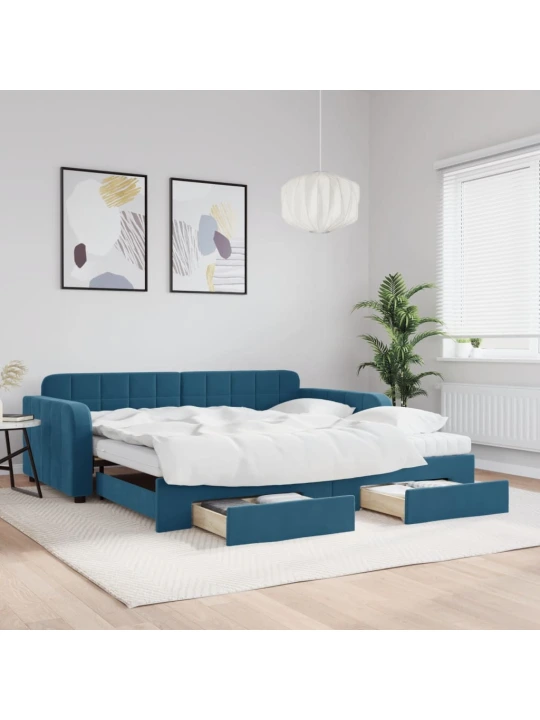 Válenda s přistýlkou a zásuvkami modrá 100 x 200 cm samet