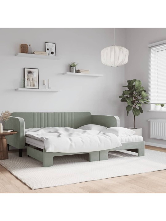 Válenda s přistýlkou a matracemi světle šedá 90 x 190 cm samet