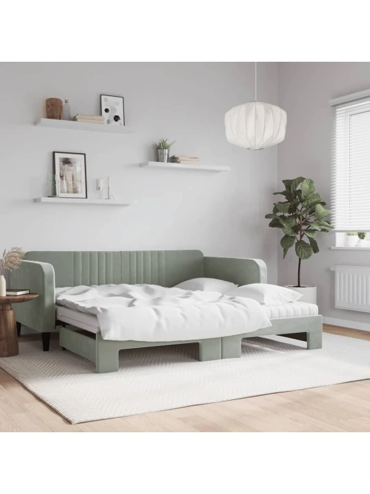 Válenda s přistýlkou a matracemi světle šedá 90 x 190 cm samet