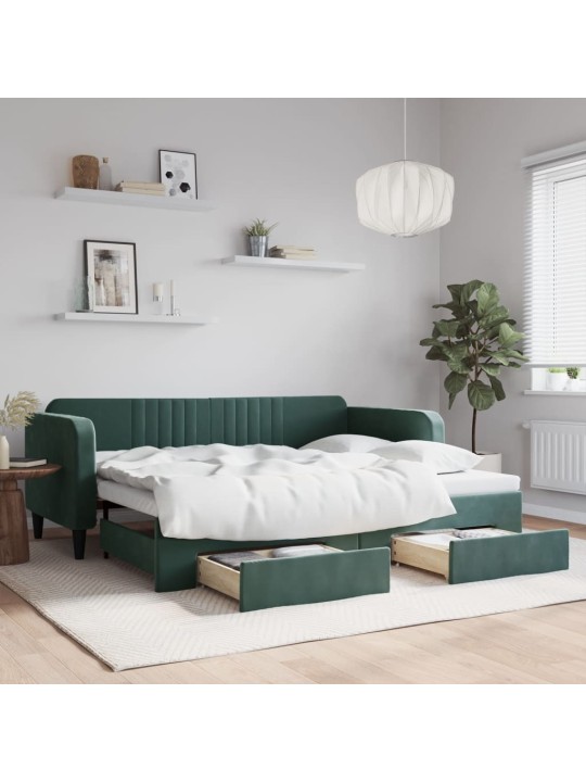 Válenda s přistýlkou a zásuvkami tmavě zelená 90 x 200 cm samet