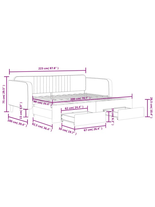 Válenda s přistýlkou a zásuvkami černá 90 x 200 cm samet