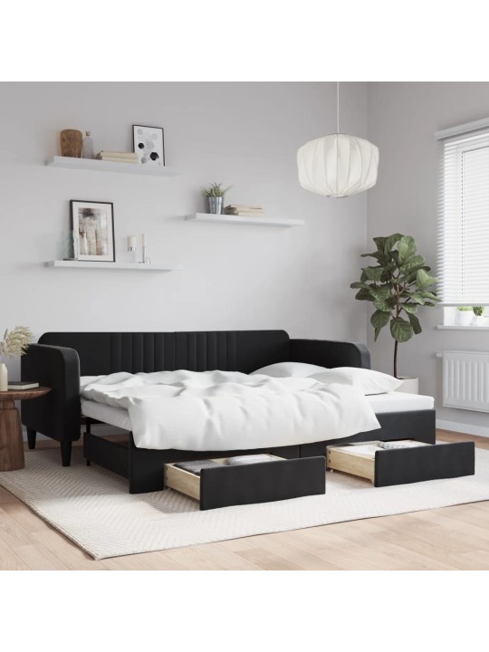 Válenda s přistýlkou a zásuvkami černá 90 x 200 cm samet