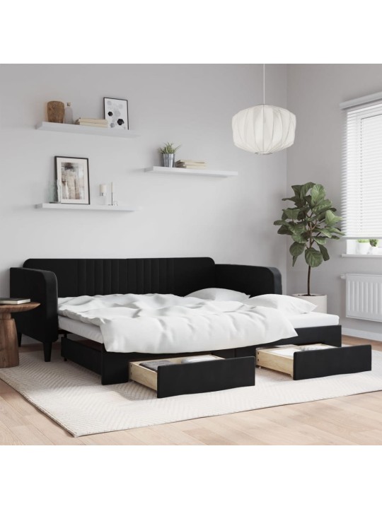 Válenda s přistýlkou a zásuvkami černá 100 x 200 cm samet