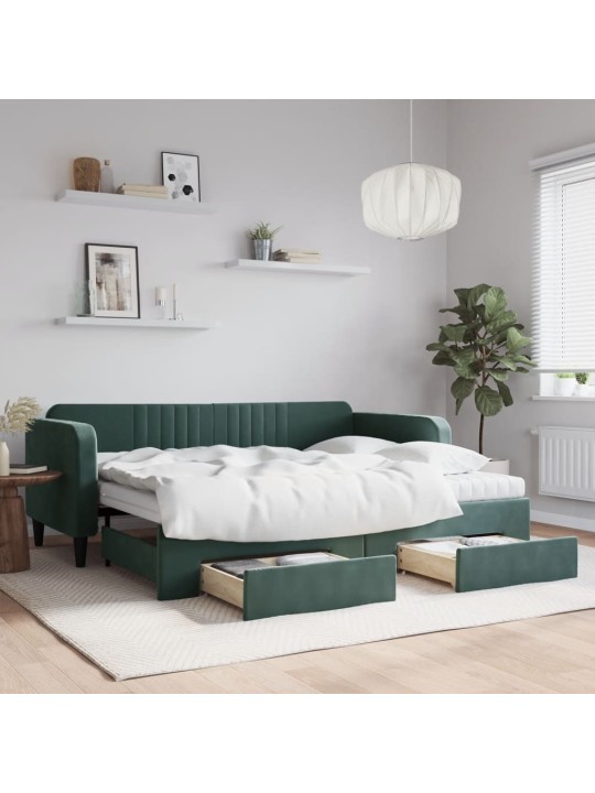 Válenda s přistýlkou a zásuvkami tmavě zelená 90 x 200 cm samet