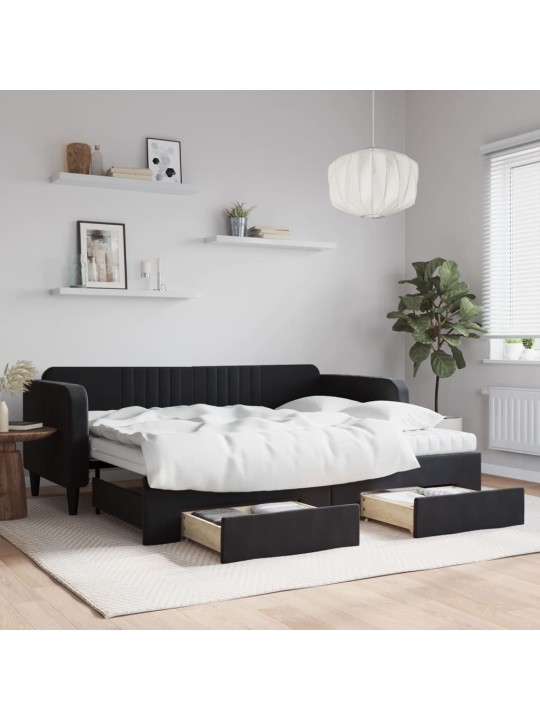Válenda s přistýlkou a zásuvkami černá 90 x 200 cm samet