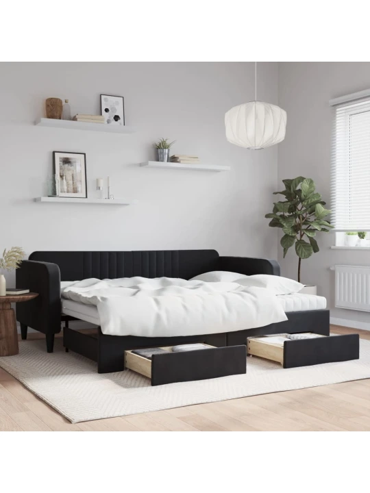 Válenda s přistýlkou a zásuvkami černá 90 x 200 cm samet