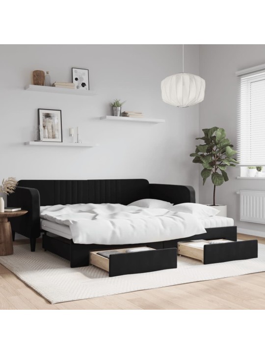 Válenda s přistýlkou a zásuvkami černá 100 x 200 cm samet