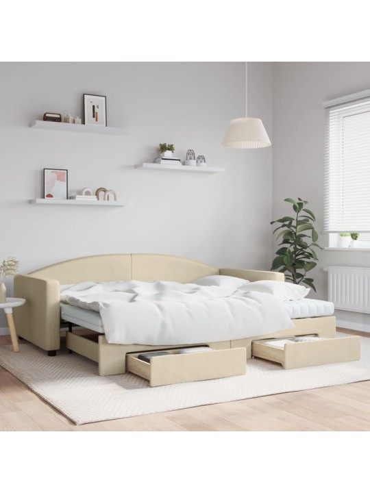 Válenda s přistýlkou a zásuvkami krémová 90 x 200 cm textil